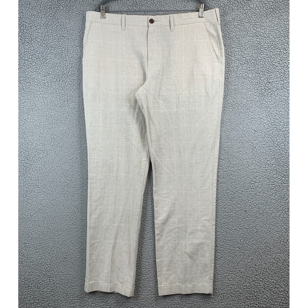 J Crew Straight Fit Pants - Mens 38x32 - Beige Glen Plaid Linen Blend